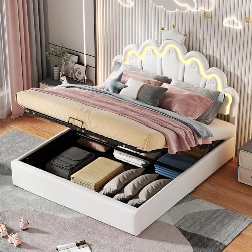 Kinderbett Doppelbett 140x200, Kronen-Prinzessinnenbett Hydraulisches Stauraumbett mit Großer Stauraum&Höhenverstellbarem LED Kopfteil&Lattenrost, Bett Polsterbett Mädchenbett, PU, Ohne Matratze, Weiß