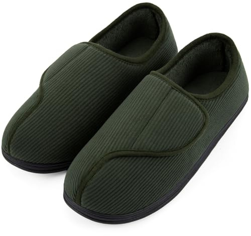 LongBay Men's Diabetic Wide Fit Slippers Comfy Warm Plush Fleece Memory Foam Arthritis Edema Swollen House Shoes Green 7UK