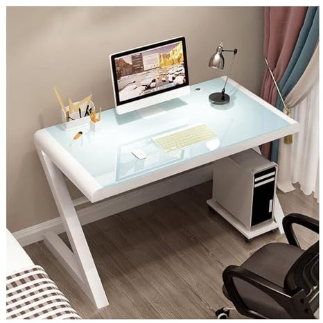 Office Desk Study Writing Table Tempered Glass Computer Desk - Modern Design Writing Study Desk with Z-Shaped Metal Frame，Study Writing Gaming Workstation Table 4913wxlg(Color:White,Size:39 Inch)