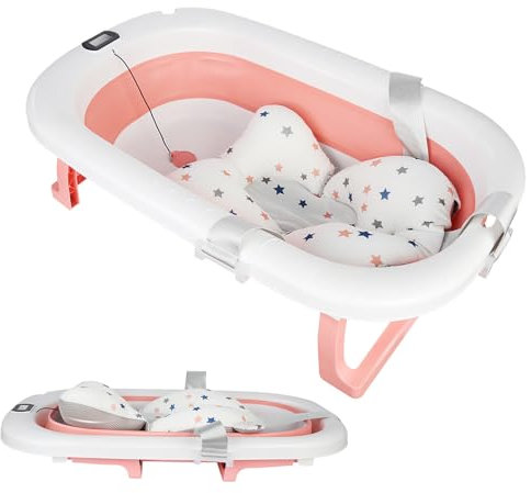 OHMG - Bañera infantil plegable con termómetro integrado, bañera infantil apta para recién nacidos y niños y tiene una alfombra antideslizante y agujeros de drenaje, lavabo de ducha portátil
