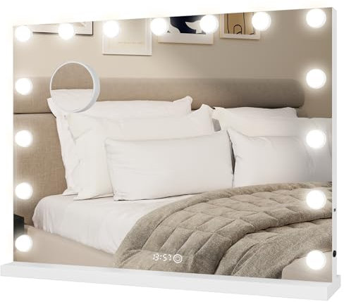 YOURLITE Miroir Maquillage Hollywood pour Coiffeuse 58x45cm, Affichage Température et Heure, Port de Chargement USB et Loupe 10x, 3 Modes Luminosité Réglable, 15 Ampoules LED, Blanc