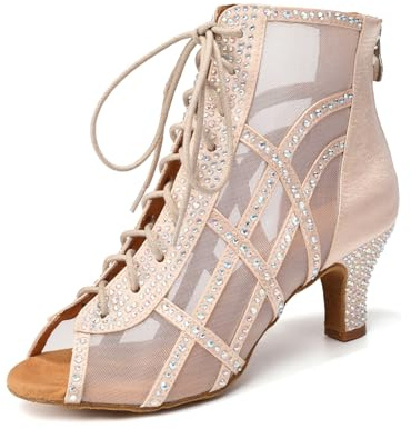 JUODVMP Stivali da Ballo Nude Traspiranti da Donna A Collo Alto Scarpe da Ballo per Danze Standard e Sociali con Strass Tacco 6cm,38 EU