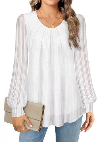 Gemulate Ladies Fashion Chiffon Tops for Women - UK Womens Overlay Long Sleeve Crew Neck Loose Fit Ladies Long Tops to Wear with Leggings - Stripe White, L