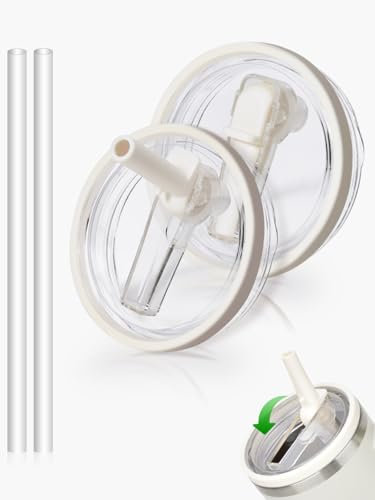 DealKits 2 Stück für Stanley Cup Deckel Auslaufsicher, mit 2x Trinkhalmen und 1x Strohhalm Bürste, Wiederverwendbarer Ersatzdeckel, Kompatibel Mit Stanley Quencher H2.0 40oz Cup (Beige)