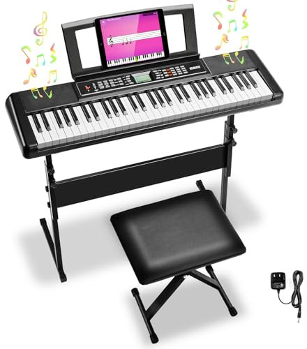 MAMIZO 61 Tasten Keyboard Piano Kit mit Ständer & Hocker,Digital Keyboard für Anfänger, Keyboard Kinder, E Piano mit 300 Klänge, 3-Stufen-Lehrmodus, LCD-Display, Notenständer