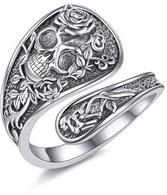 CUPENDA Skull Spoon Ring Sterling Silver Adjustable Spoon Ring Gothic Skull Rose Flower Skull Jewelry Gifts for Women