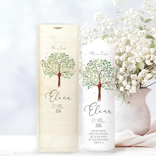 Wandtattoo Loft Taufkerze Mädchen mit Taufspruch, Motiv mit Lebensbaum, 25cm x 7cm, personalisierte Kerze, bedruckte Kerze zur Taufe, Stumpenkerze, individuelles Taufgeschenk