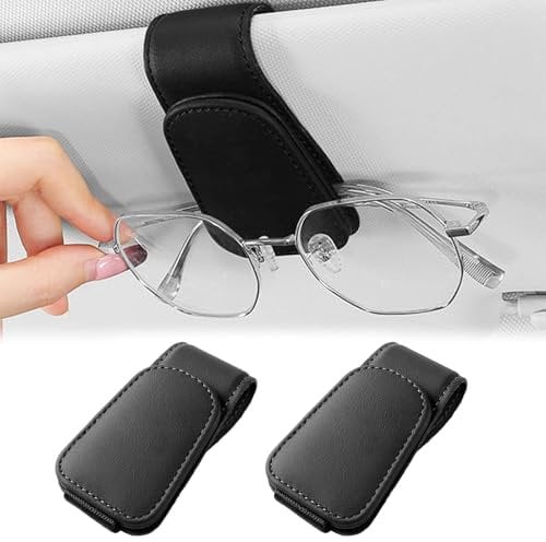 QUALDESN 2 Pcs Sunglasses Holder For Car, Black Leather Eyeglass Holder, Magnetic Leather Sunglasses Holder and Ticket Card Clip, Car Visor Accessories, Suitable For Different Size Eyeglasses
