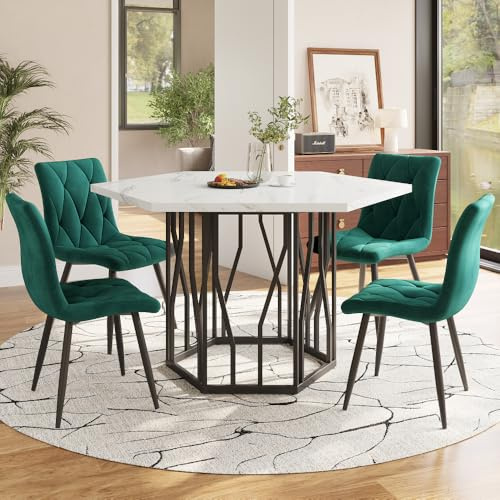 Esstisch-Set (5-teilig), sechseckiger Esstisch aus Marmor + 4 Esszimmerstühle aus grünem Samt, mit schwarzen Beinen