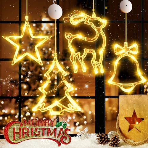 Lumières De Ventouse De Noël, Pack de 4 Lumineuse de Noël de Fenêtre, Rideau Lumineux LED Interieur Alimentation par Piles, Étanche IP44 - Décoration Lumineuse Intérieure/Extérieure pour Vitres