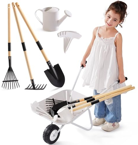 ROBOTIME Brouette en métal pour enfants avec outils de jardin Gris à partir | Avec arrosoir, outils à long manche, 3 appareils manuels et 4 étiquettes de plantes pour jardin, cour et bac à sable