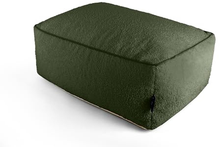 Littens Olive Green Teddy Boucle Rectangle Footstool Ottoman Bean Bag Pouffe, Living Room Decorative Low Seat Piped (65cm x 45cm x 25cm)