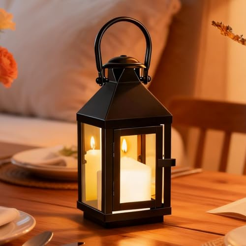Laternen Für Draußen, Laterne Schwarz Für Kerzen Deko 21.5cm, Laterne Für Kerzen, Kerzenlaterne 21.5cm Gartenlaterne Mit Glas-Scheiben Für Wohnzimmer, Balkon, Garten