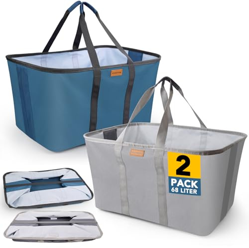 SOUTHGATE Faltbarer Wäschekorb 2er Set (Blau/Grau), je 68L, extra flach 2 cm, schnell zusammenklappbar, freistehend, 600D Oxford, abwischbares Innenfutter, Standfüße & Tragegriffe