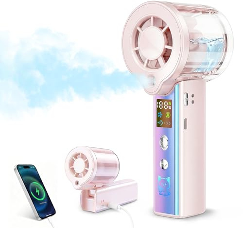 Carehabi Handventilator mit Wasserkühlung, 30000 U/min Mini Ventilator Akku 3000mAh, 1-100 Stufen Tragbarer Ventilator Klein mit LED Display, Leise USB Ventilator Hand für Reisen, Büro, Damen, Rosa