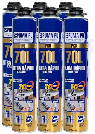 Etrexonline Espuma de Poliuretano 70L Ultra Rápida 750ml con Cánulas – Espuma Expansiva Multiusos para Sellado, Aislamiento y Relleno - Pack de 6 Botes