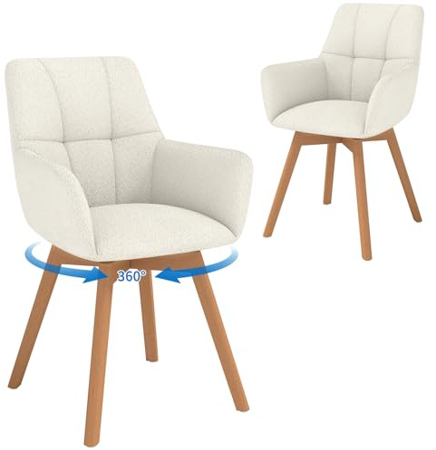 LEWE Chaises de Salle à Manger Pieds en Bois Lot de 2, Pivotantes à 360° | Chaise Rembourrées avec Accoudoir, Fauteuil Moderne avec Pieds en hêtre, pour Salle à Manger, Cuisine, Salon, Beige