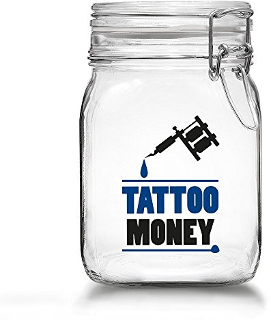 Tattoo Spardose - Spare Geld für Dein nächstes Tattoo - Tattoo Money Sparbüchse aus Glas mit Bügelverschluss (Tattoo Money - Tattoo Maschine)