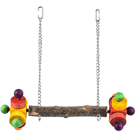 PARROT ESSENTIALS Natural Wood Swing with Double Twirlers - Colourful Wooden Swing for Parrots, Cockatoo, Conure and More - Hanging Toy Pet Swing - Parrot Toy Nest Swing Encourages Foot Exercise
