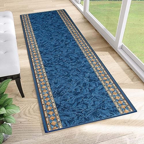 TAPISO Anti Rutsch Teppich Läufer rutschfest Brücke Meterware Blau Gelb Ornament Design Meliert Flur Küche Wohnzimmer 67 x 390 cm