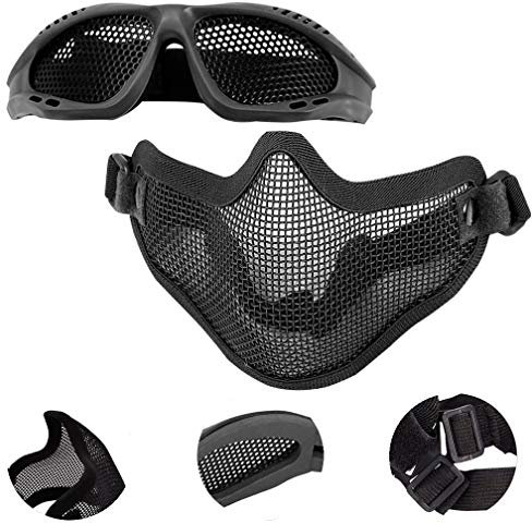 EMAGEREN Gafas de Malla + Máscara Táctica Airsoft Gafas Airsoft Máscara de Malla de Media Cara Plegable Máscara Táctica de Malla Respirable Mascarilla Protectora para Cosplay, Juegos de CS en Vivo