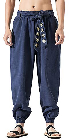 HAORUN Men Chinese Style Kung Fu Pants Tai Chi Loose Trousers Linen Casual Retro Wide Leg Navy Blue
