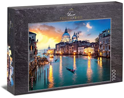 Ulmer Puzzleschmiede - Puzzle „Serenissima - Venedig“ – Klassisches 1000 Teile Puzzle – Puzzlemotiv Sonnenuntergang über dem Canal Grande in Venedig, Italien