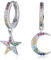Qings 925 Silber Creolen Damen Asymmetrische Ohrringe Creolen mit Anhänger Mond und Stern Bunte Zirkonia Ohrringe Silber Hoop Dangle Earrings for Frauen und Mädchen