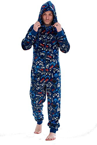 Keanu Mens Game Controller Onesie with Hood - All Over Print Gaming Design - Supersoft Flannel Fleece - Mens Sizes S - XL (L/XL)