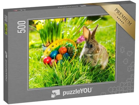 puzzleYOU: Puzzle 500 Teile „Süßer Osterhase mit Ostereiern auf Einer Frühlingswiese“ – aus der Puzzle-Kollektion Festtage