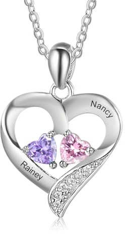 lorajewel Damen Halsketten mit 2 Namen Sterling Silber 925 Mutter Kinder Kette mit Gravur und Steinen Rosegold Herz Anhänger Personalisierte Kette für Mutter/Tochter/Frau/Freundin…