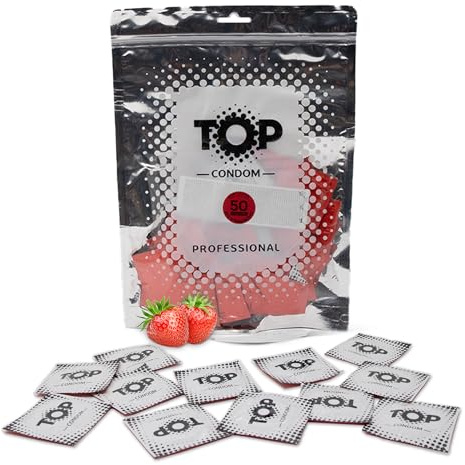 TOP Kondome 50 Stück Packung, Erdbeere, rot eingefärbt, natürlich und gefühlsecht, aus Latex, mit Reservoir, Durchmesser 53 mm, für Männer