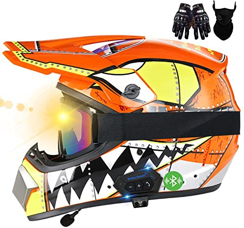 Motorrad Bluetooth Crosshelm Set, ECE Genehmigt, Motocross Helm, Sicher, Komfortabel Und Belüftet, Mit Handschuhe Maske Brille, Geeignet Für Motocross, MTB, Crossbike, BMX
