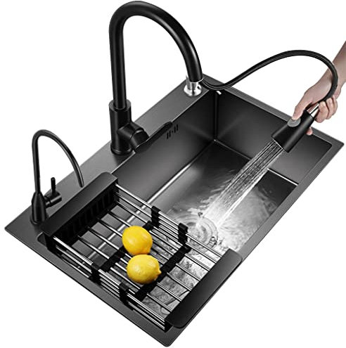 Fregadero De Cocina Negro Fregadero De Barra De Acero Inoxidable Fregadero Rectangular Incorporado Fregadero De Un Solo Tazón Negro con Grifo Y Accesorios (Color : Black, S : 80X50X20cm(B))