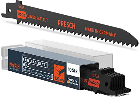 Presch Reciprocating Saw Blades Wood 130mm 10 pcs (Curved Sawing 6-100mm) - Saw Edges Reciprocating Saw for Wood PVC Pipes etc. - Universal Shaft Sabre Saw Edges Set incl. Box