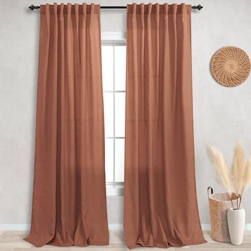 KOUFALL Linen Rust Curtain Panels for Living Room 96 Inch Length Brick Terracotta Back Tab Rod Pocket Semi Sheer Boho Window Curtains Patio Door Bedroom Bohemian Decor Inches Long Set 2 Panels, 52x96