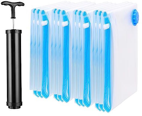 Die Vakuumbeutel für Kleidung und Bettdecken von figg (12er Set) - 12 Vakuumierbeutel inkl. 12 Etiketten und Pumpe - Staubsauger Vakuum Aufbewahrungsbeutel