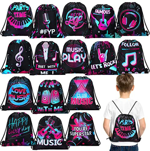 Funtery 32 Stück Musik-Partybeutel mit Kordelzug, Musik-Partygeschenke, Geburtstags-Leckerli-Taschen für Teenager, Social-Media-Themen, Geschenke, Schule, Reisebedarf, 30 x 24 cm