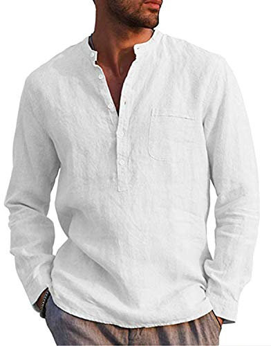 Kvruhuiy Herren Baumwolle Leinenhemd Herren Sommer Strand Hemd Freizeithemd Men'Casual Shirts Weiß L