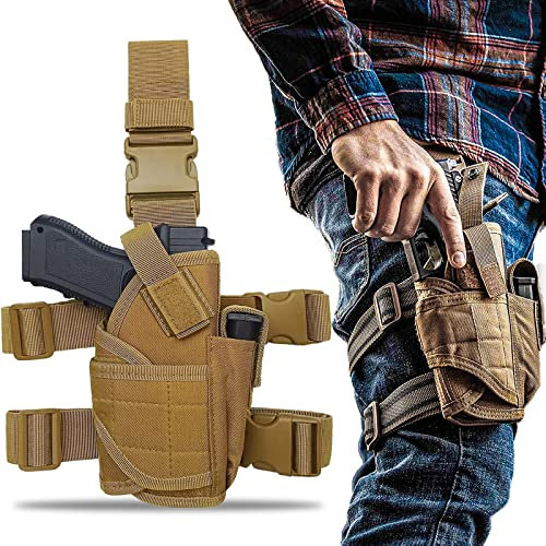 ZONSUSE Taktisch Beinholster, Outdoor Militär Pistolenholster, Oberschenkelholster mit Magazintasche, Verstellbares Waffenholster für Jagdschießen, Militärspiele, Training oder Cosplay (Khaki A)