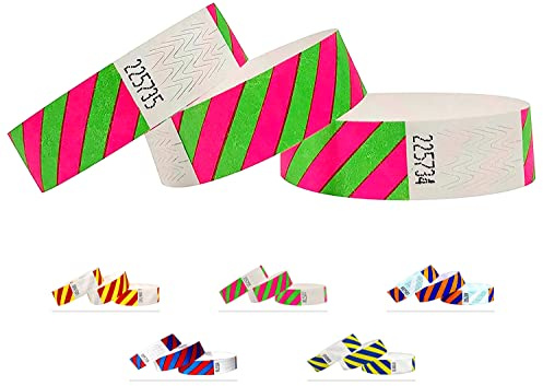 Eintrittsbänder aus Tyvek, Gestreift, Party Einlassbänder, Securebänder, Festival Armbänder, Kontrollbänder für dein Event (Pink-Green, 1000 Pack)
