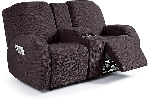 Ruaozz Stretch Loveseat Recliner Covers with Console 4-Pieces Recliner Sofa Covers with Pockets Jacquard Reclining Couch Covers Furniture Protector with Elastic Straps Bottom (2 Seater, Chocolate)