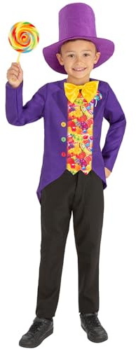 Smiffys Candy Man Costume Mock Jacket with 3D Bowtie & Top Hat, Boys Fancy Dress, Book Character Dress Up Costumes