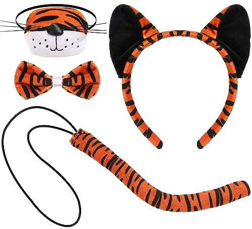 XEPST Tiger Tier Kostüm Set, Tigerohren Stirnband Bowtie Nase Tiger-Schwanz für Tier Kostüm Cosplay Geburtstagsfeier Halloween Fancy Dress Partybedarf, Tiger-B
