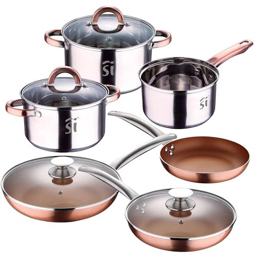 Juego de batería de cocina Onil 5pc en acero inoxidable + set de 5 sartenes en aluminio prensado