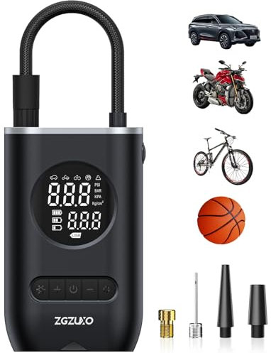 ZGZUXO Tire Inflator and Bike Pump, Portable Air Compressor for Car Tires, 150PSI Cordless Air Pump for Car with Pressure Gauge, Electric Bicycle Tire Pump with LED Light Schrader Valve Presta Valve