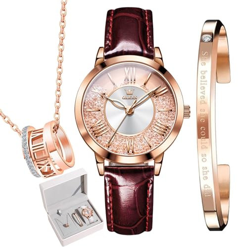 OLEVS Uhren, die Geschenke für Frauen, Uhren-Halskette, Armband-Set, 3-teilig, für Mutter, Frau, Freundin, G5539 - 3-teiliges Set - Weinrotes Leder, Klassisch