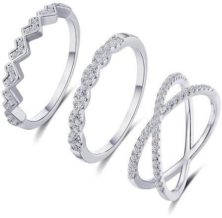 FUNEIA 3 Stück Ring Silber Damen Frauen Stapelbare Ringe Set 18 Karat Weißgold Ehering Verlobungsring Trauringe Weiß Zirkonia Fingerring Knöchelringe Schmuck Größe 49-62 (Silber Set A, 54(17.3))