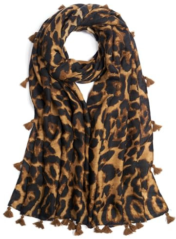 QIUTIMIY Schals für Damen Dünn Leopardenmuster Bunte Schals und Tücher Halstuch mit Quasten für Frühling Sommerschal(Leopard Brown)