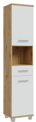 Forte VERIS Badschrank 40, hoher Badezimmerschrank mit 2 Türen, 1 Schublade und 1 offenem Fach, Holzwerkstoff, Weiß mit Artisan Eiche Holzdekor, 40,2 cm breit x 186,8 cm hoch x 34,8 cm tief